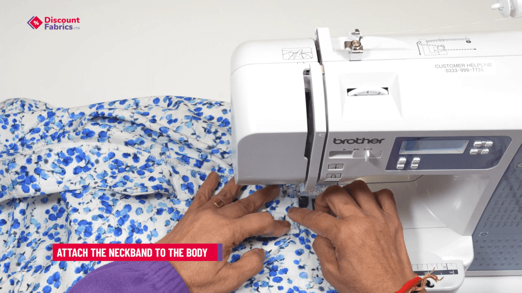 A person sewing a blue and white floral fabric on a Brother sewing machine. Their hands guide the fabric, and text on the image reads,