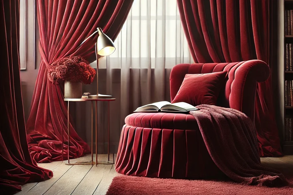 A luxurious reading nook features a plush red velvet chair with a matching cushion and throw, accompanied by a small table with a lamp and flowers. Floor-to-ceiling curtains frame the space, while a teacup and open book complete the cozy, elegant setting.