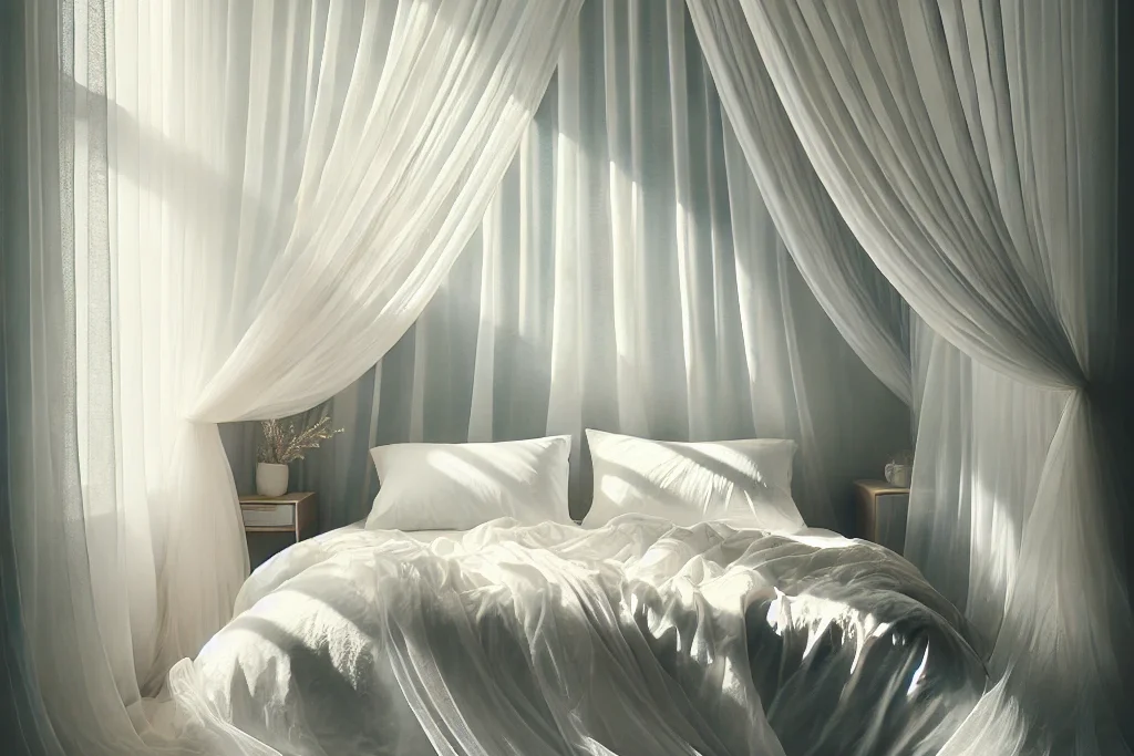 A cozy bed with white bedding is surrounded by sheer curtains that gently diffuse the natural light coming in through a nearby window. The room exudes a serene and airy atmosphere, with curtain-adorned nightstands on either side of the bed.