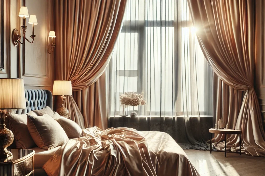 Luxurious bedroom with soft sunlight streaming through large arched windows and sheer curtains, complemented by elegant drapes. A plush bed is covered with silky bedding. A bedside table holds a lamp, while ornate wall lights add warmth to the room's inviting ambiance.