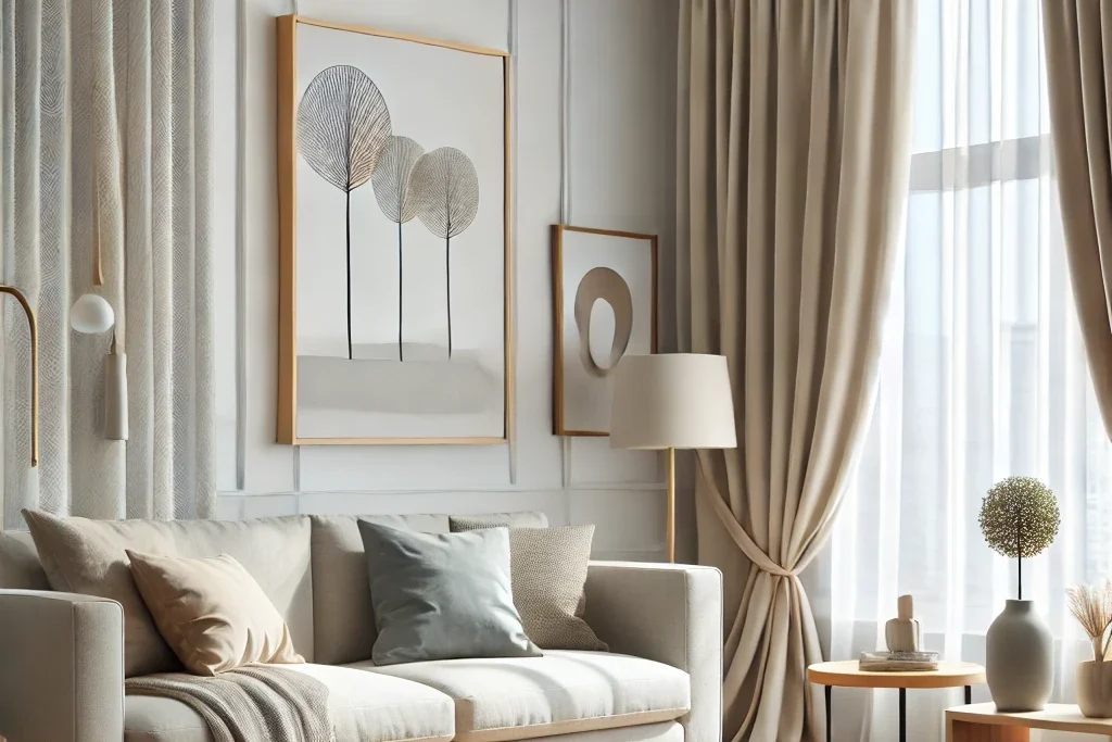 A cozy living room features a beige sofa adorned with assorted pillows. Abstract tree art hangs above, while tall curtains frame the window to allow natural light to flood in. A round table holds a vase of flowers, and a lamp stands nearby, enhancing the room's warmth.