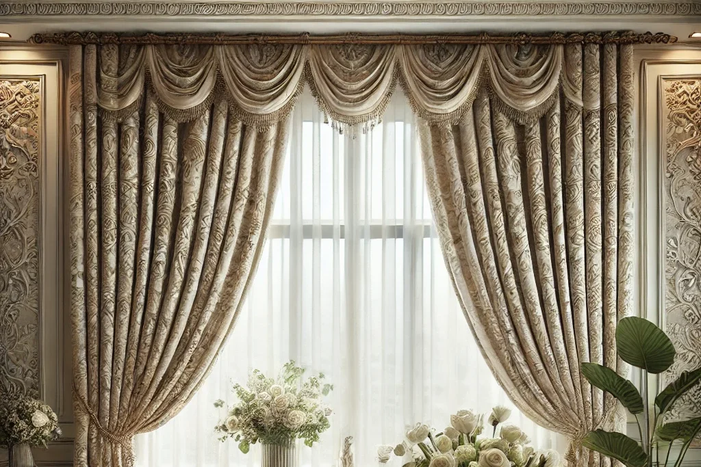 Elegant dining room with a large window adorned by ornate, gold-patterned curtains. A table set for a meal features a lace table runner and a vase of white flowers. Soft lighting and floral curtain decorations enhance the luxurious atmosphere.